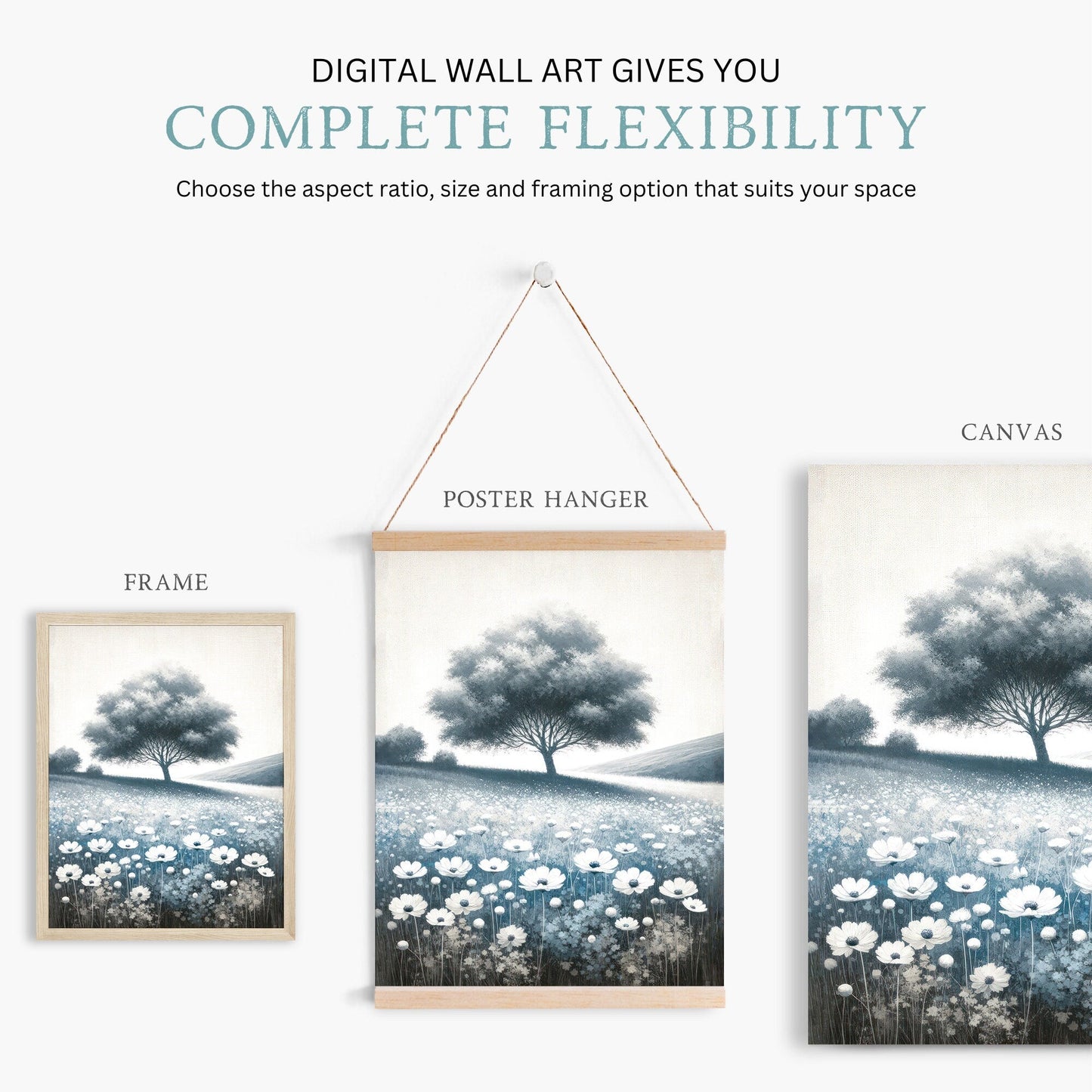 Countryside Landscape Prints, Wildflower Field Decor, Hilly Art Collection - WildfieldPrints