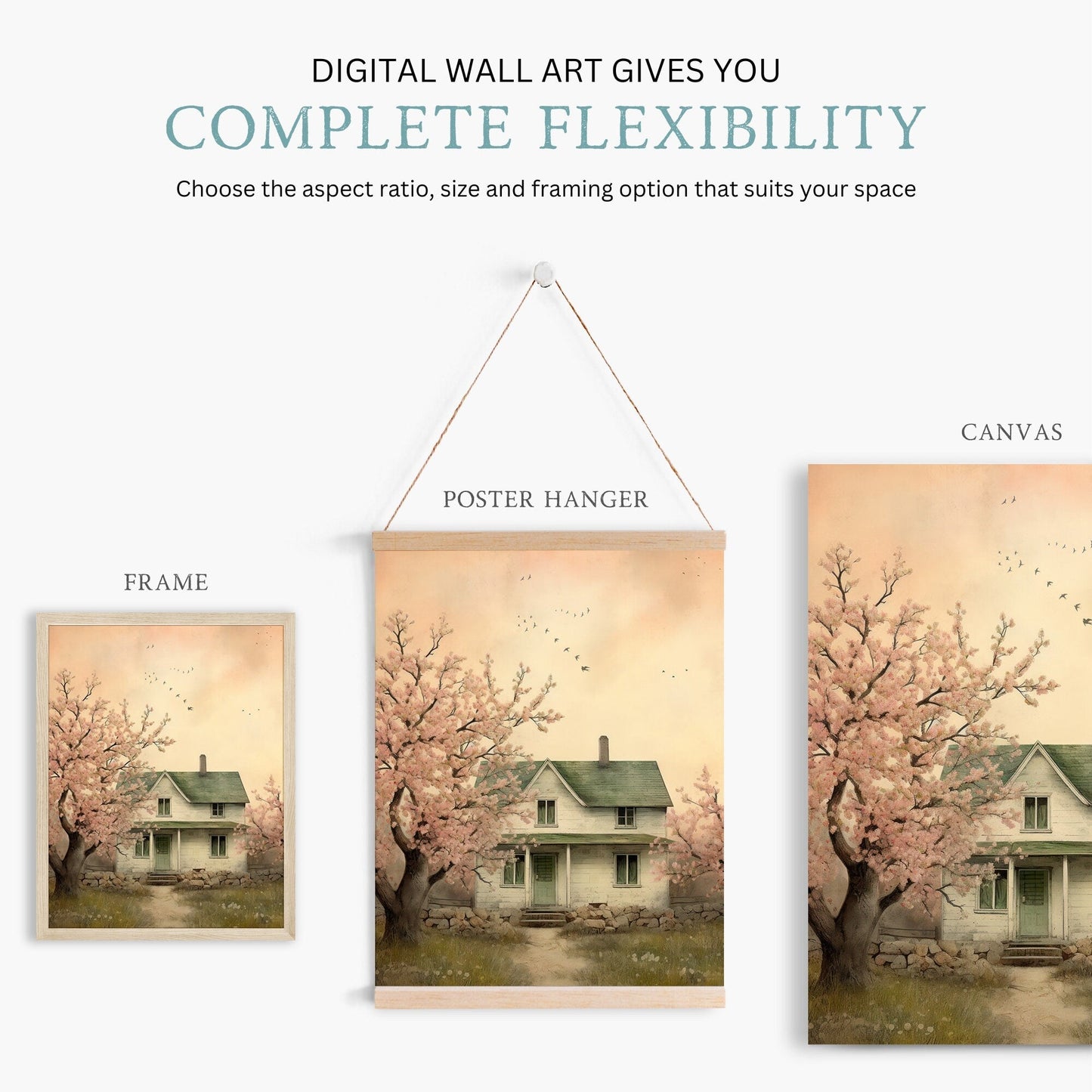 Countryside Wall Art, Rustic Cherry Tree Painting, Country Home Decor - WildfieldPrints