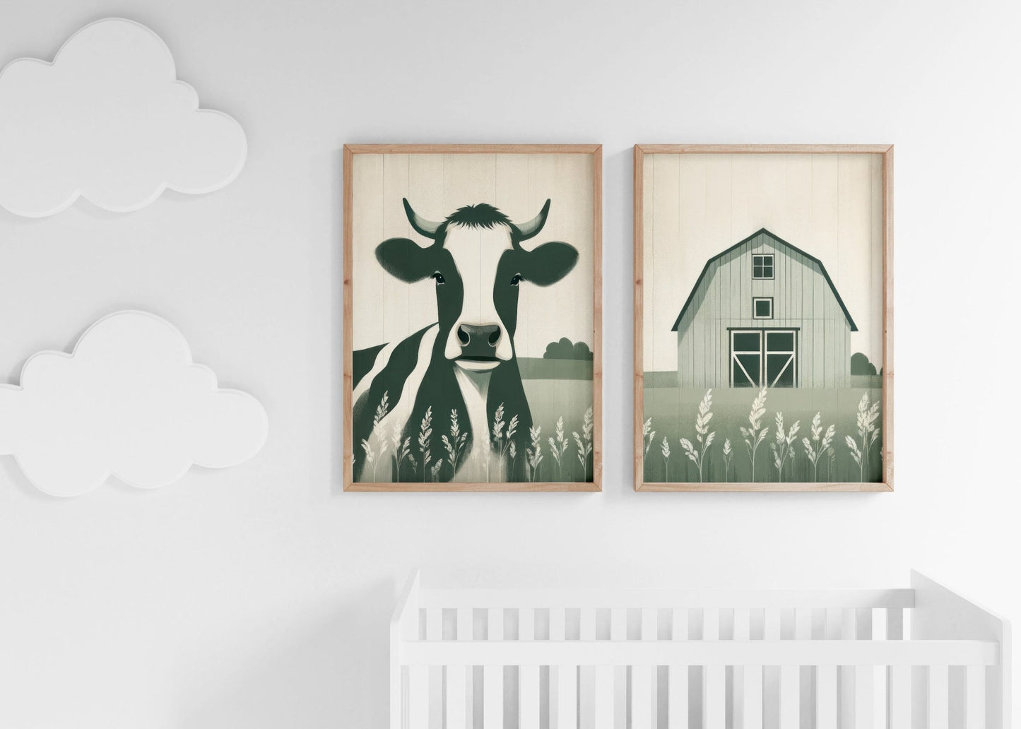 Cow Nursery Decor, Sage Green Wall Art, Rustic Farm Animal Print - WildfieldPrints