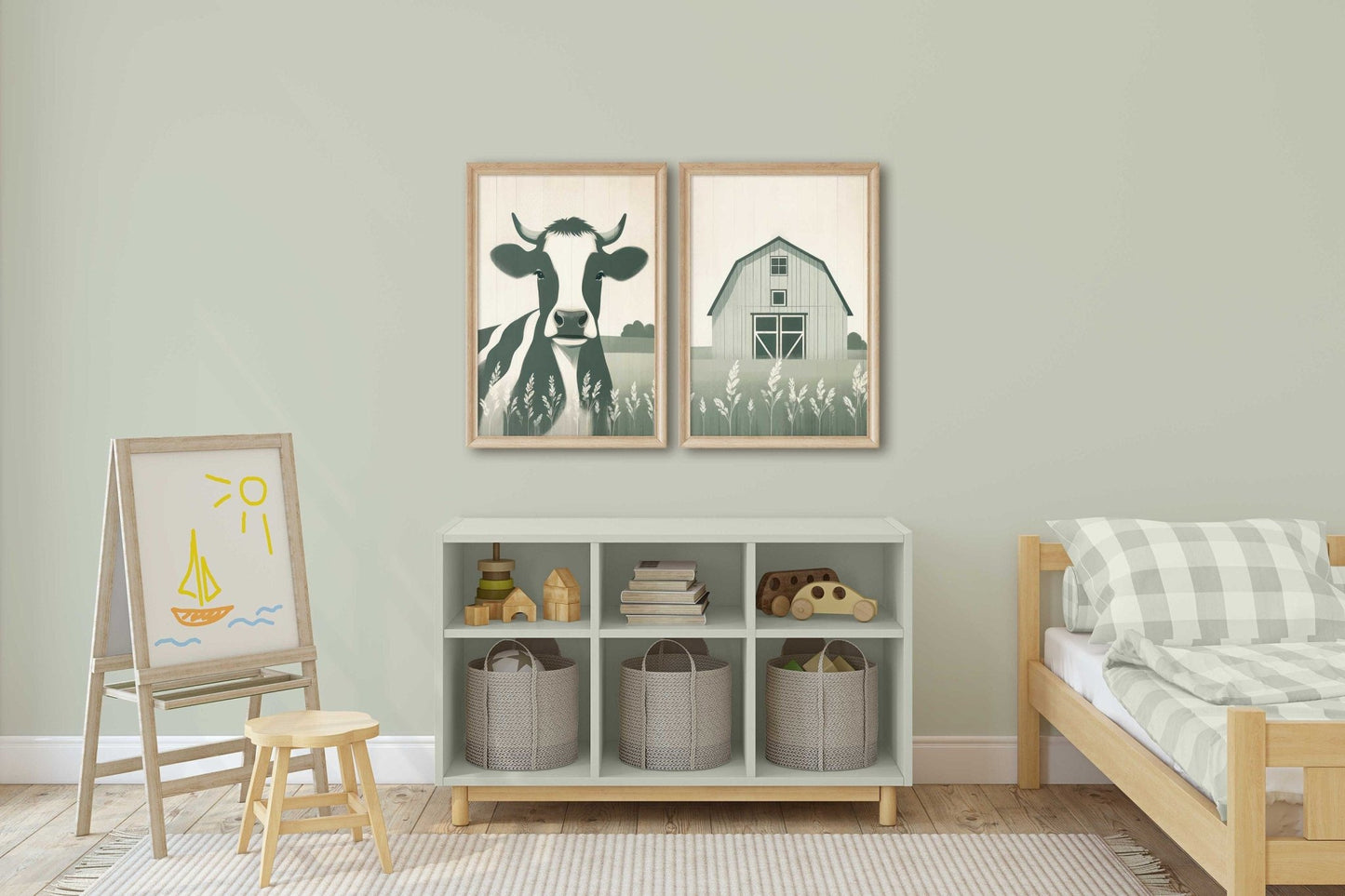 Cow Nursery Decor, Sage Green Wall Art, Rustic Farm Animal Print - WildfieldPrints