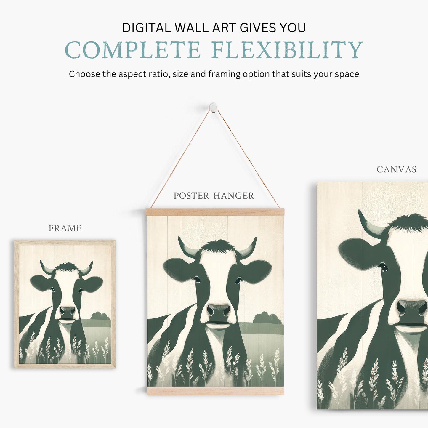 Cow Nursery Decor, Sage Green Wall Art, Rustic Farm Animal Print - WildfieldPrints