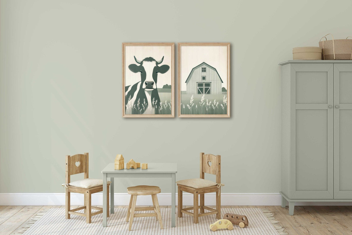 Cow Nursery Decor, Sage Green Wall Art, Rustic Farm Animal Print - WildfieldPrints