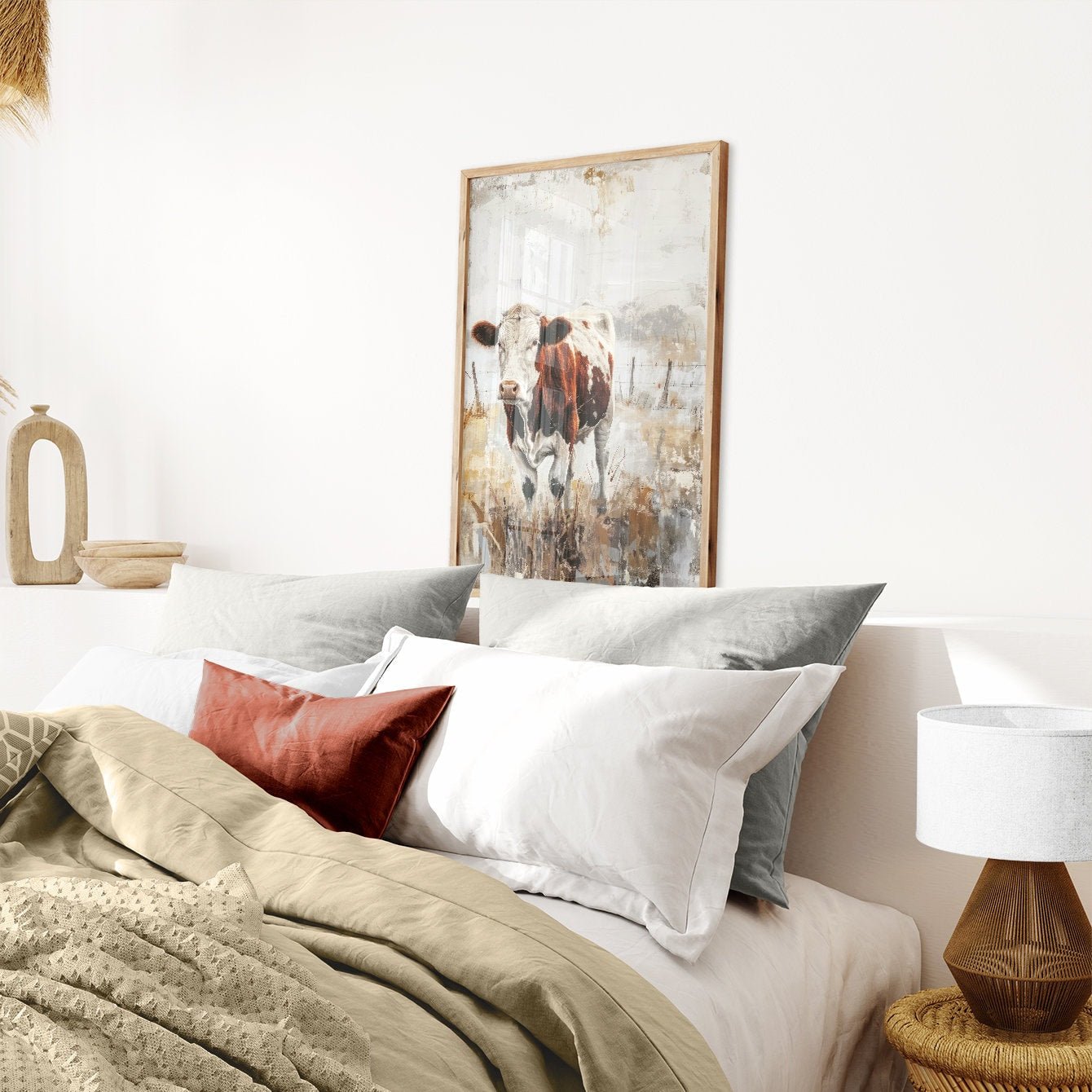 Cow Wall Art, Rustic Farmhouse Painting, Vintage Animal Decor - WildfieldPrints