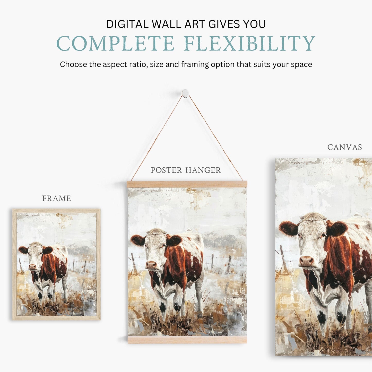 Cow Wall Art, Rustic Farmhouse Painting, Vintage Animal Decor - WildfieldPrints