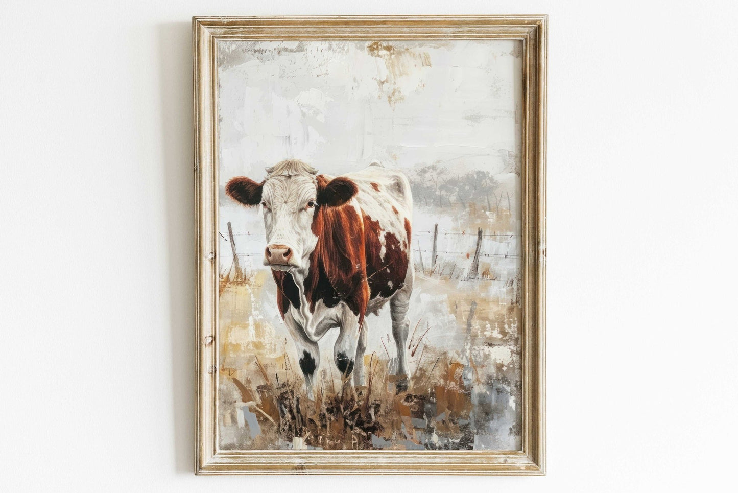 Cow Wall Art, Rustic Farmhouse Painting, Vintage Animal Decor - WildfieldPrints