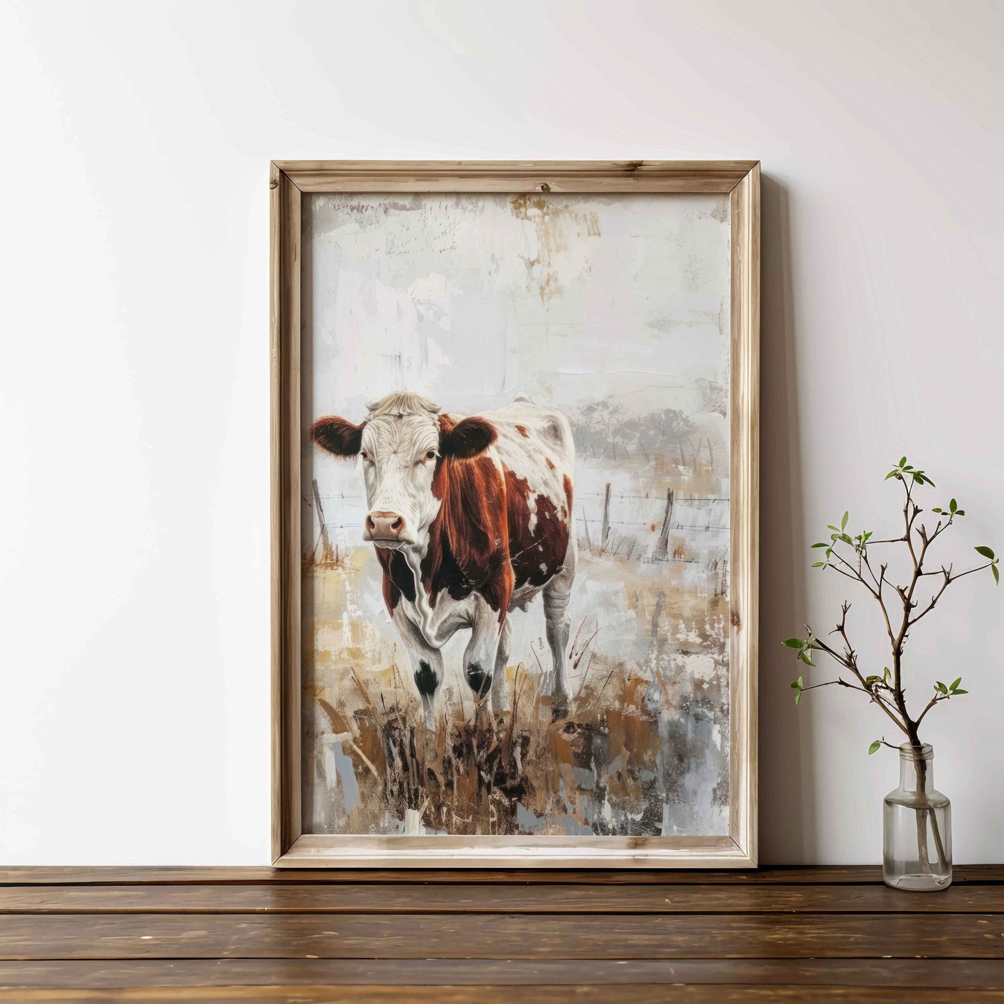 Cow Wall Art, Rustic Farmhouse Painting, Vintage Animal Decor - WildfieldPrints