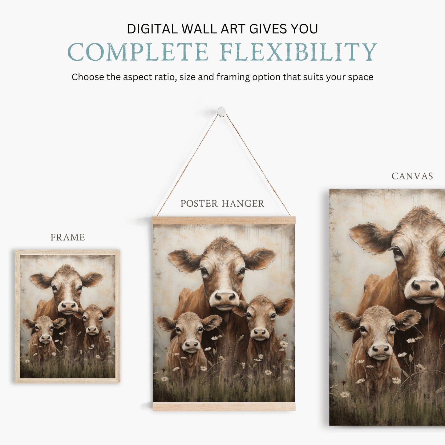 Cow Wall Art, Vintage Farm Animal Print, Rustic Home Decor - WildfieldPrints