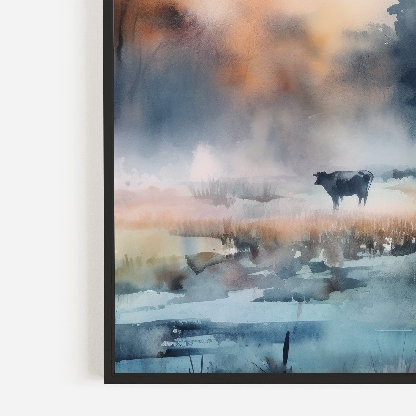 Cows Grazing at Sunset Watercolor, Misty Landscape Wall Decor - WildfieldPrints