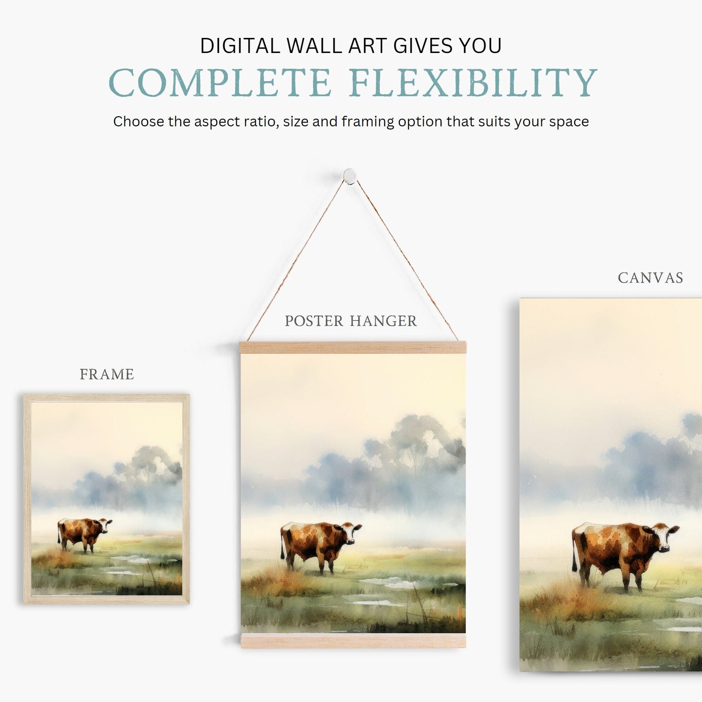 Cows Watercolor Painting, Cattle Wall Decor, Rustic Nature Art - WildfieldPrints