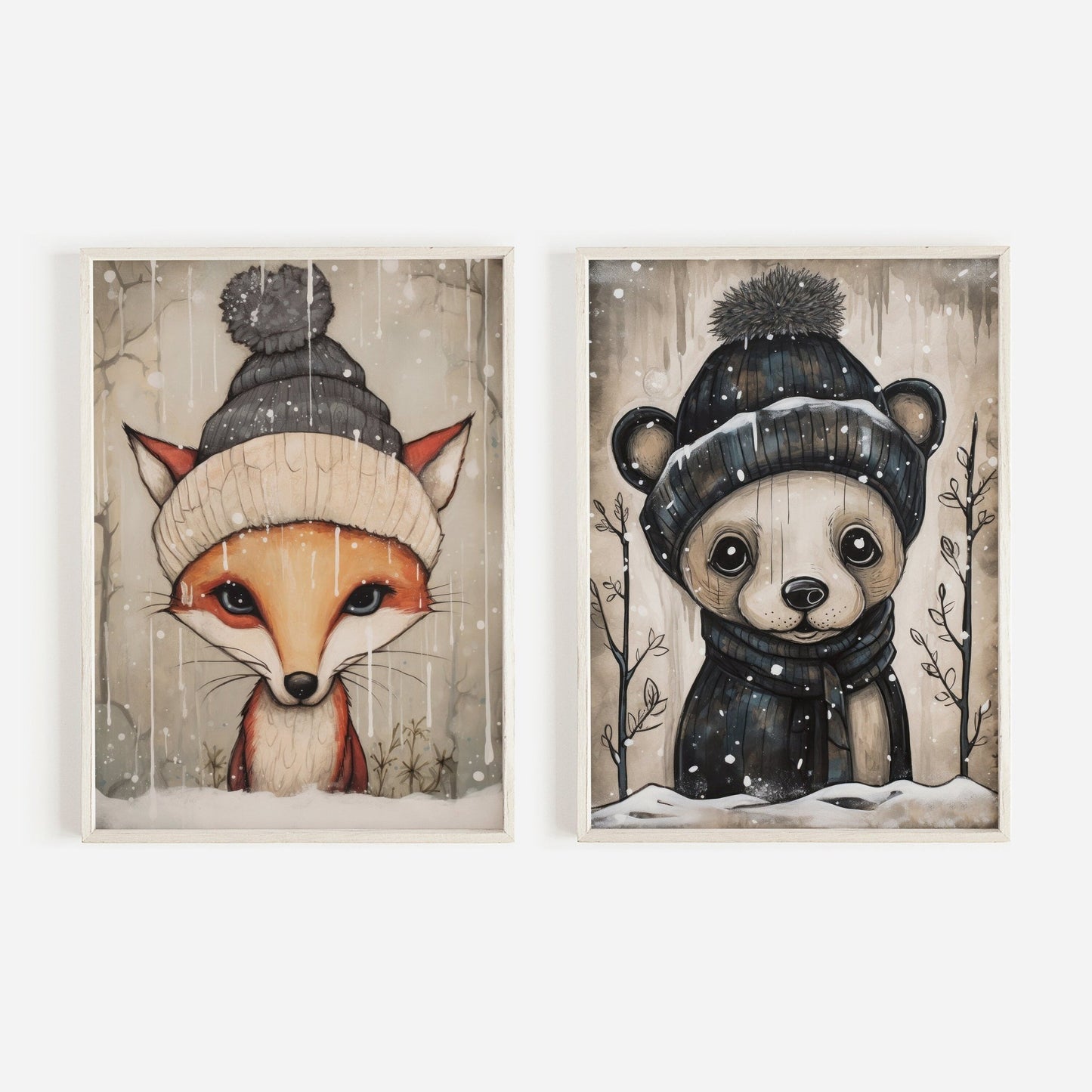 Cozy Woodland Animal Wall Art, Vintage Nursery Decor, Fox and Bear - WildfieldPrints