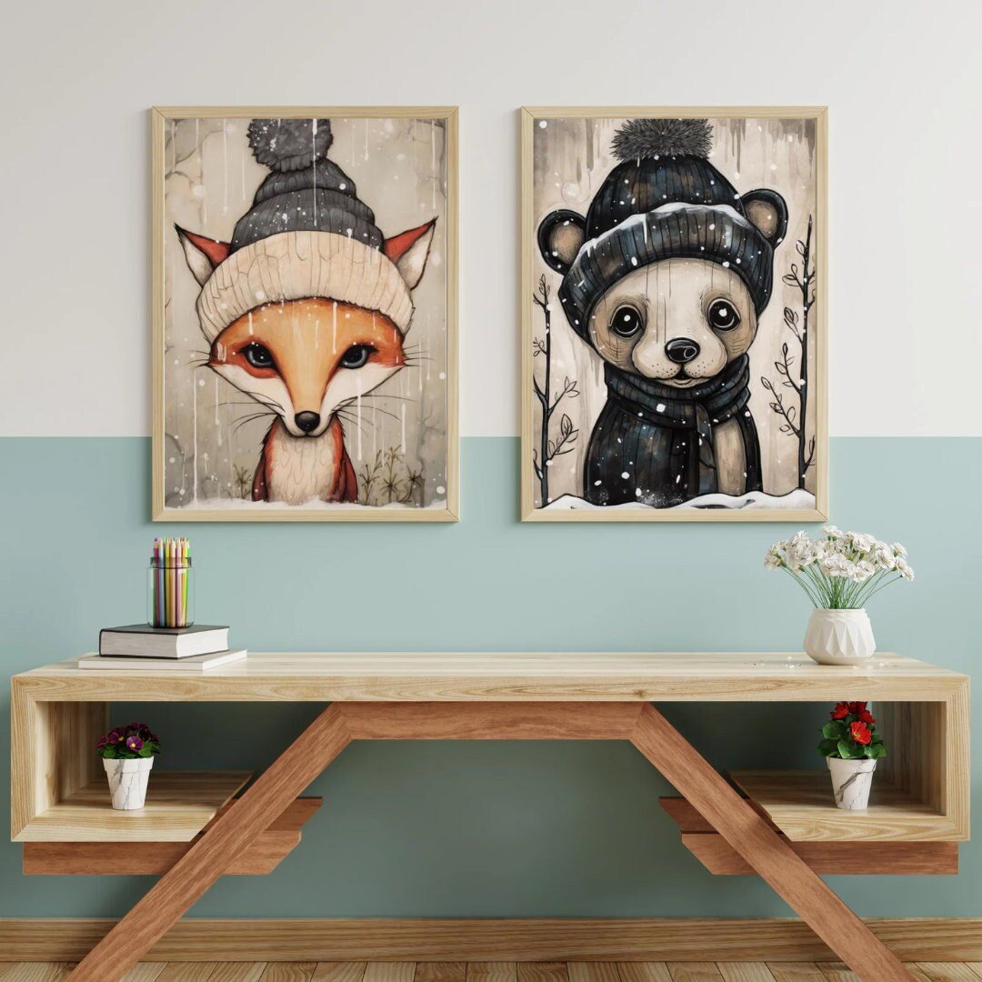 Cozy Woodland Animal Wall Art, Vintage Nursery Decor, Fox and Bear - WildfieldPrints
