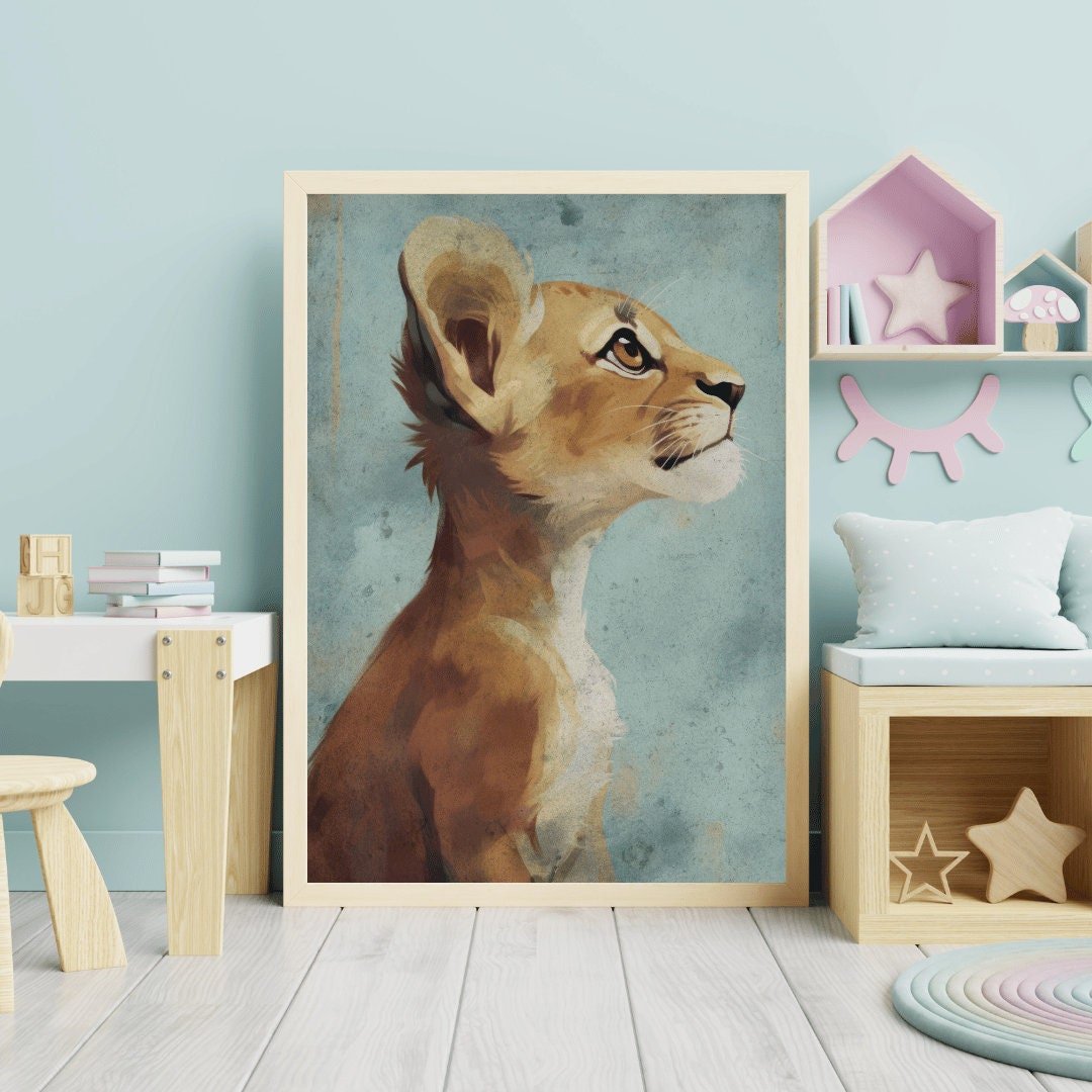 Cute Animal Wall Art, Vintage Nursery Print, Baby Lion Art, Safari Decor - WildfieldPrints