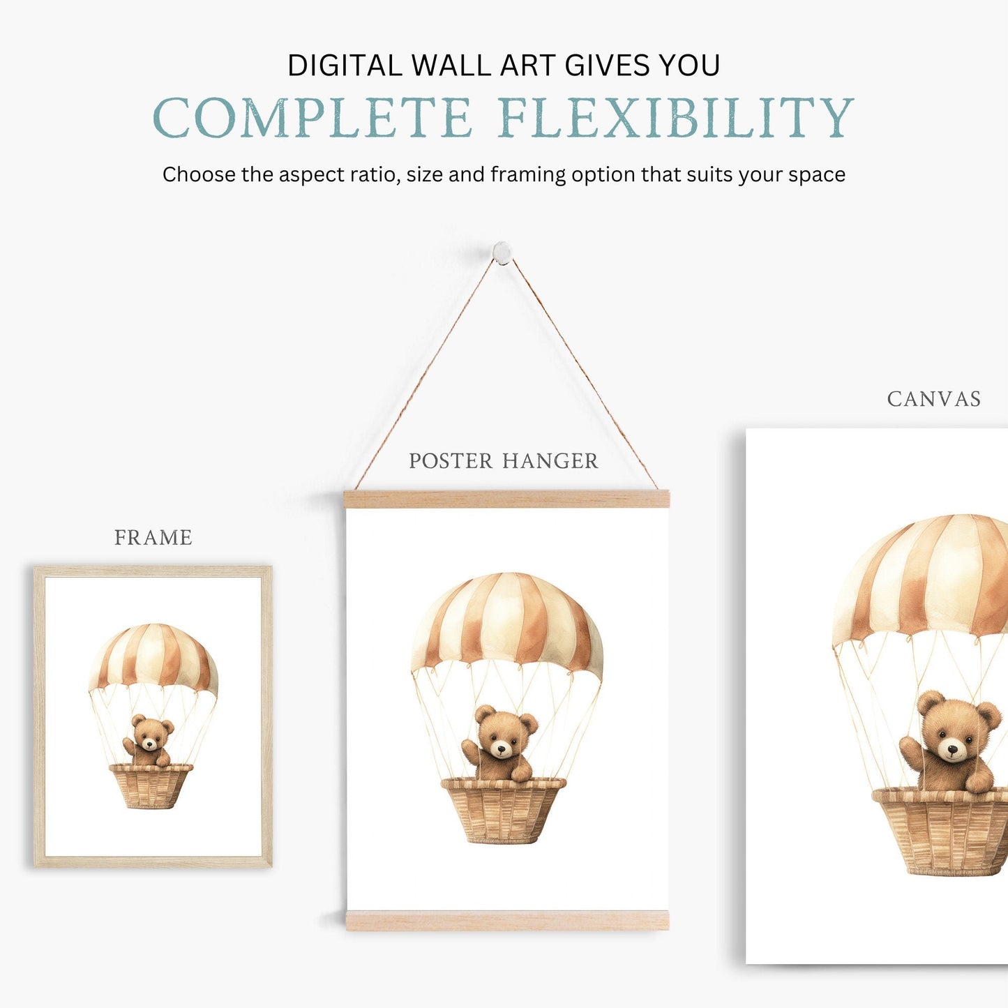 Cute Bear Nursery Prints, Bear in Parachute, Hot Air Balloon Decor - WildfieldPrints