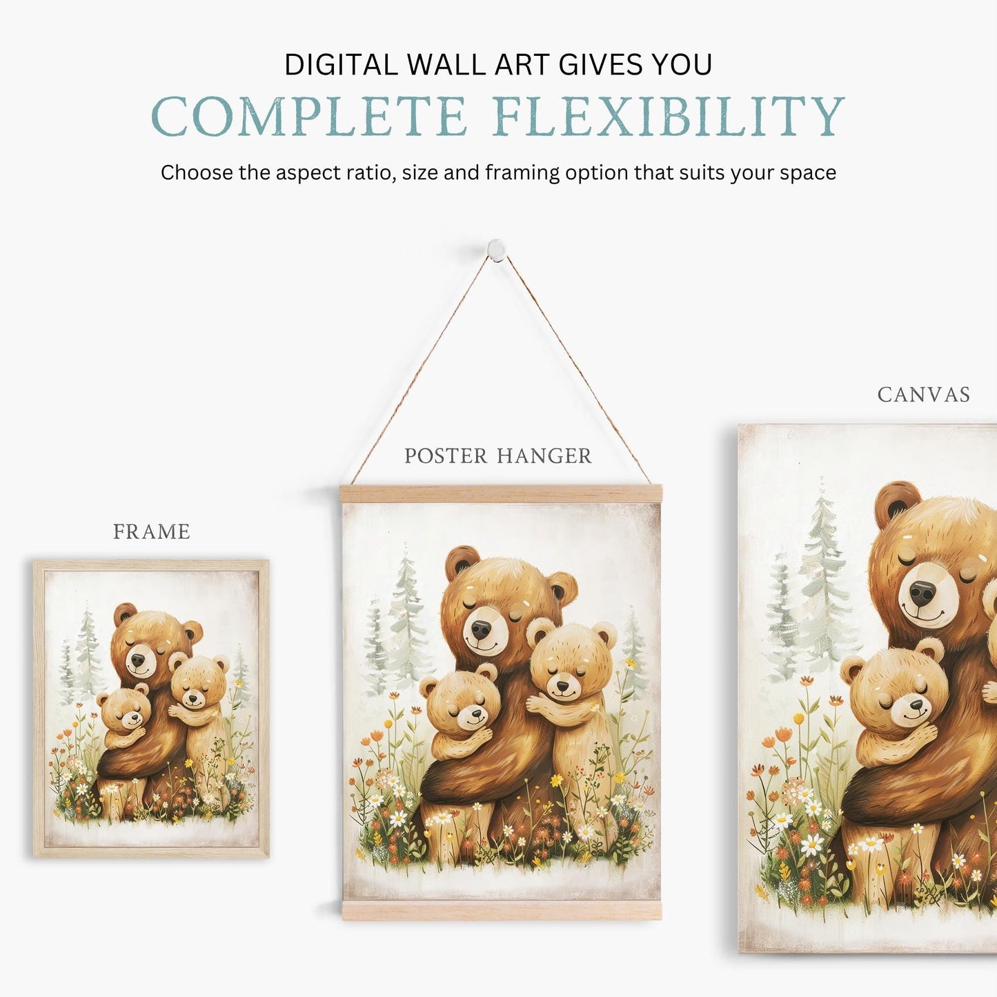 Cute Bear Prints, Family Portrait, Wildflower Kids Room Decor - WildfieldPrints