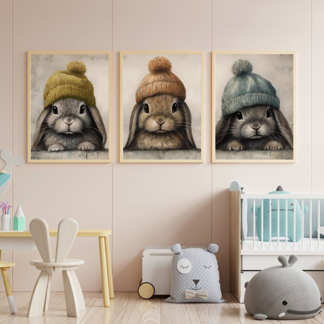 Cute Bunny Nursery Decor, Vintage Baby Animals Wall Art, Forest Theme - WildfieldPrints