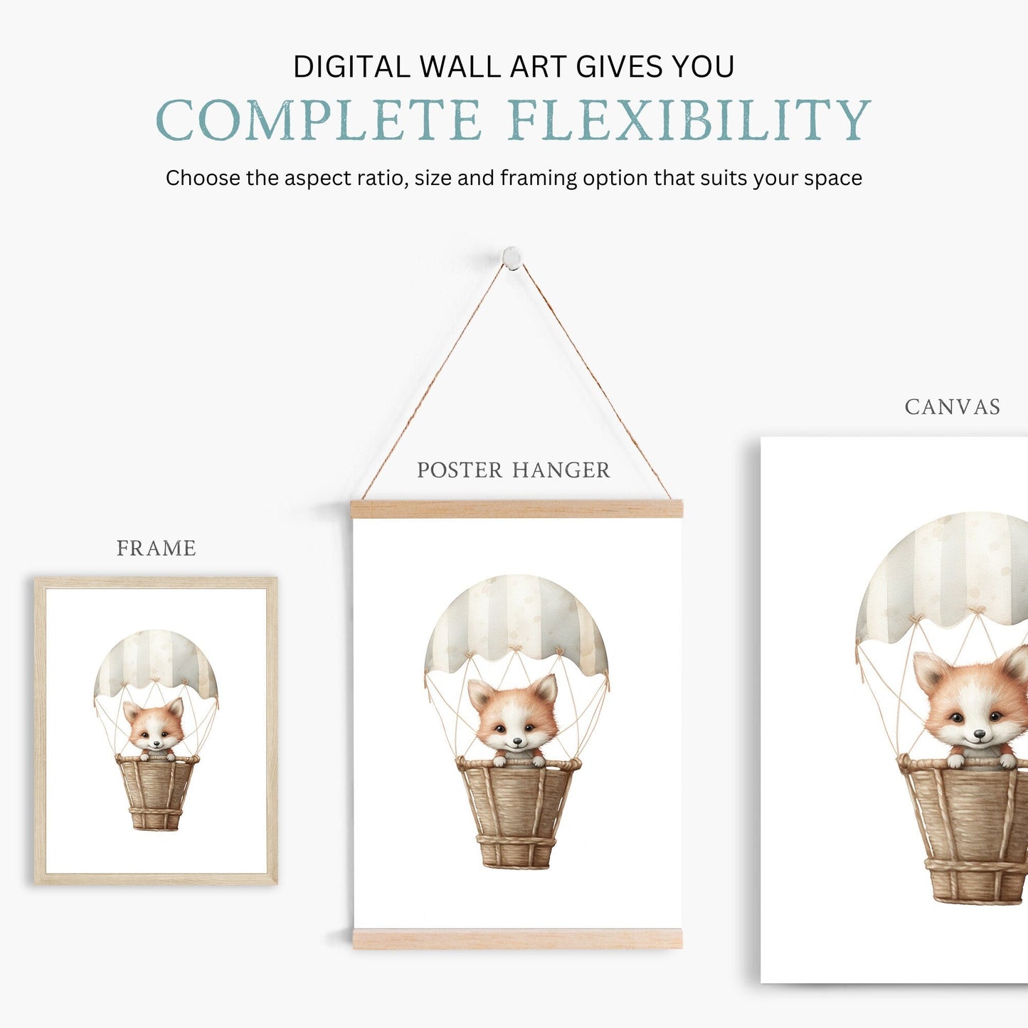 Cute Fox Nursery Art, Bear Balloon Decor, Hot Air Balloon Print - WildfieldPrints