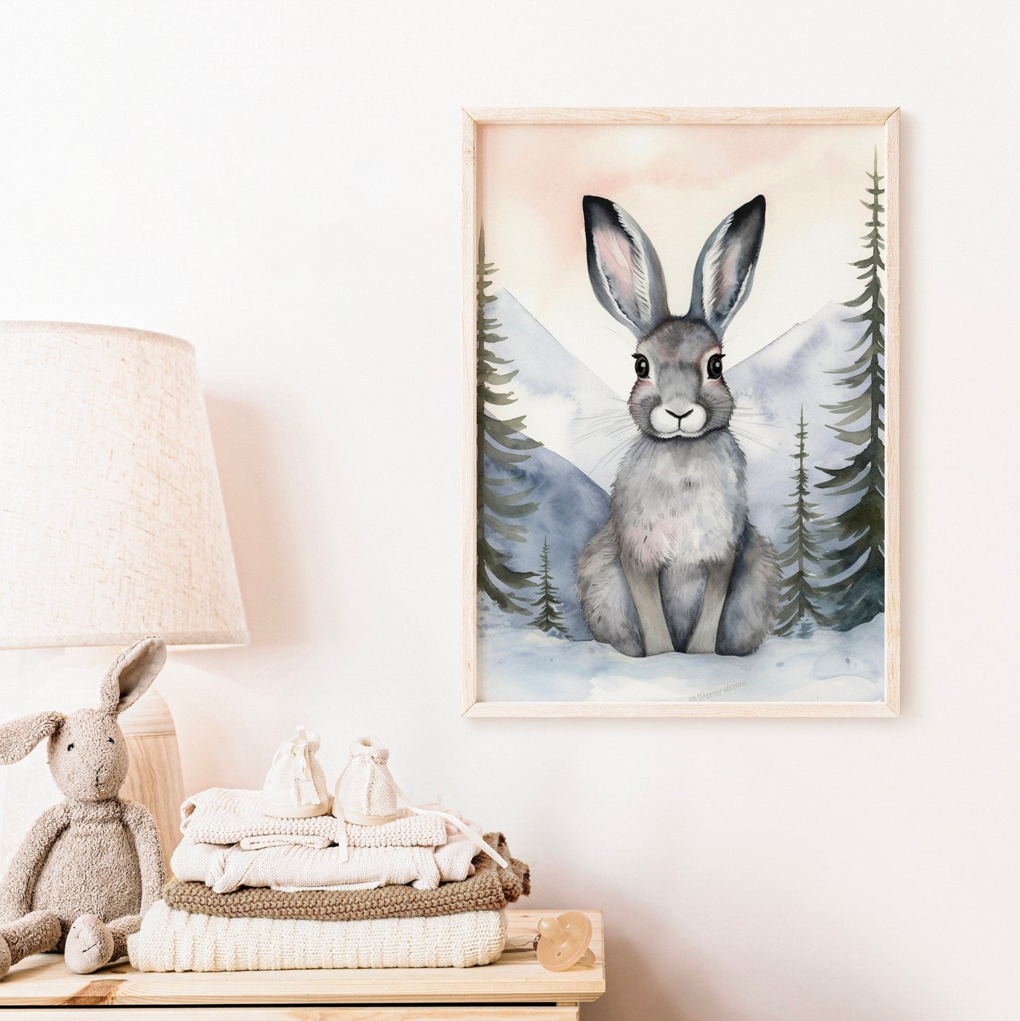 Cute Hare in Winter Forest, Vintage Watercolor Wall Art, Nursery Decor - WildfieldPrints