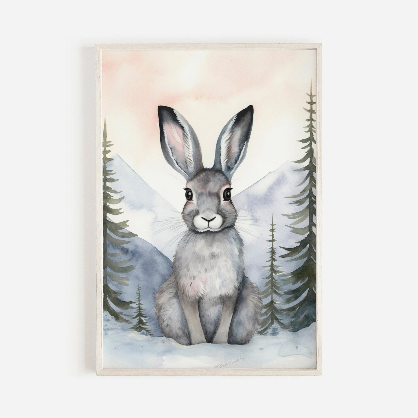 Cute Hare in Winter Forest, Vintage Watercolor Wall Art, Nursery Decor - WildfieldPrints