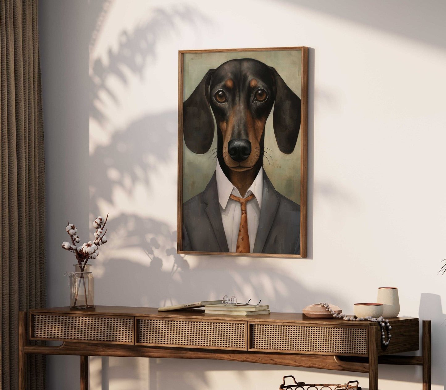 Dachshund Portrait Art, Whimsical Dog Decor, Rustic Wall Print - WildfieldPrints