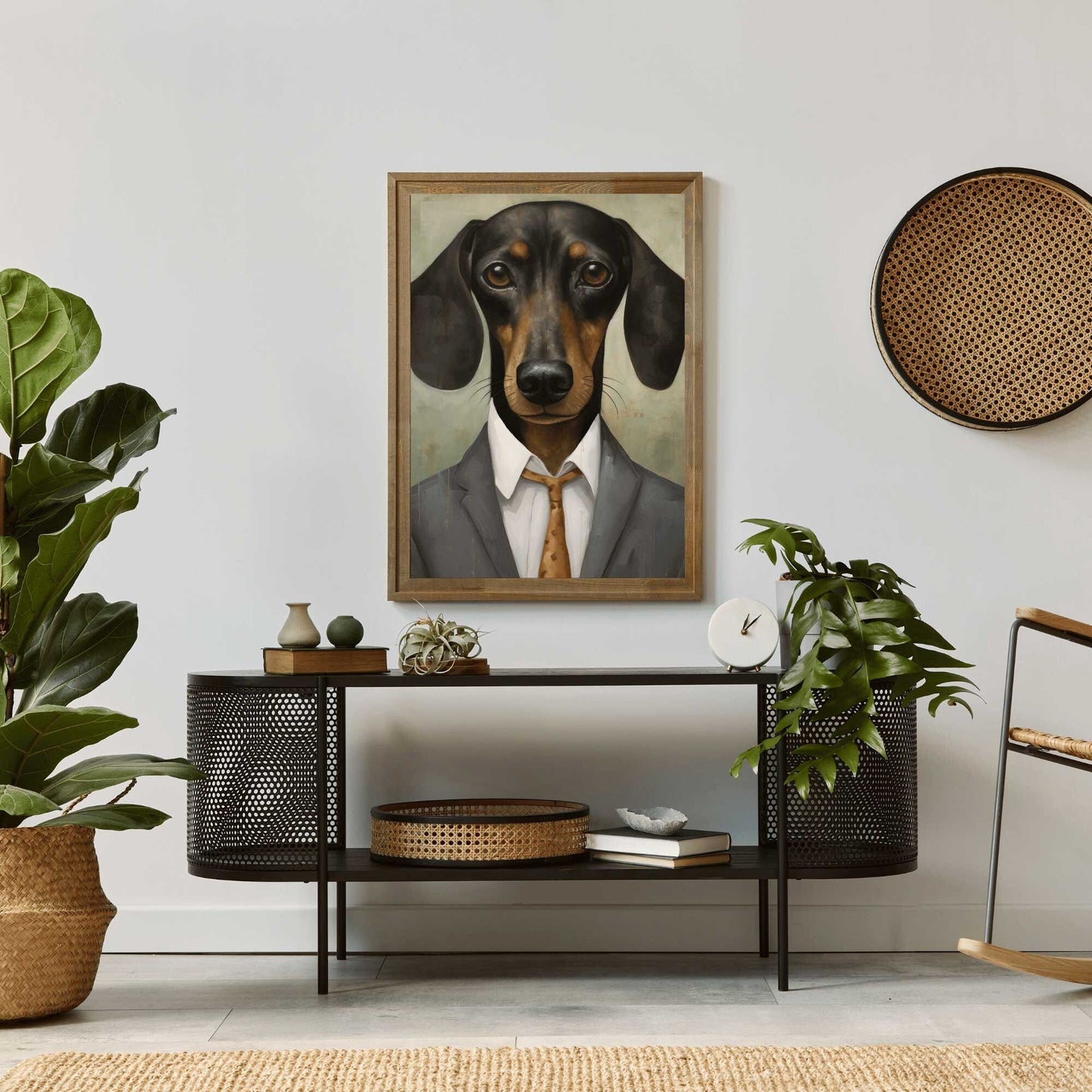 Dachshund Portrait Art, Whimsical Dog Decor, Rustic Wall Print - WildfieldPrints