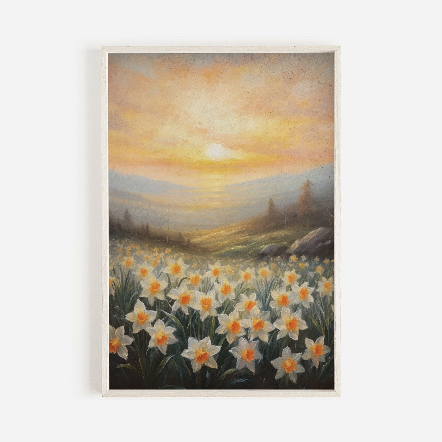 Daffodil Painting, Sunset Wall Decor, Floral Landscape Art - WildfieldPrints