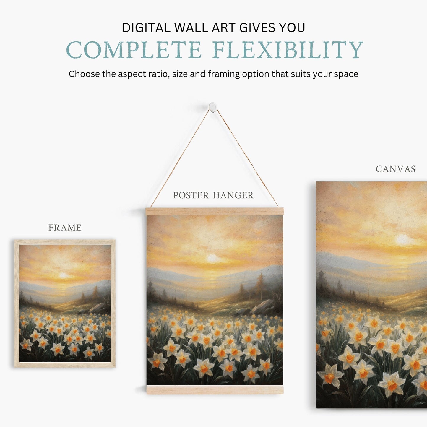 Daffodil Painting, Sunset Wall Decor, Floral Landscape Art - WildfieldPrints