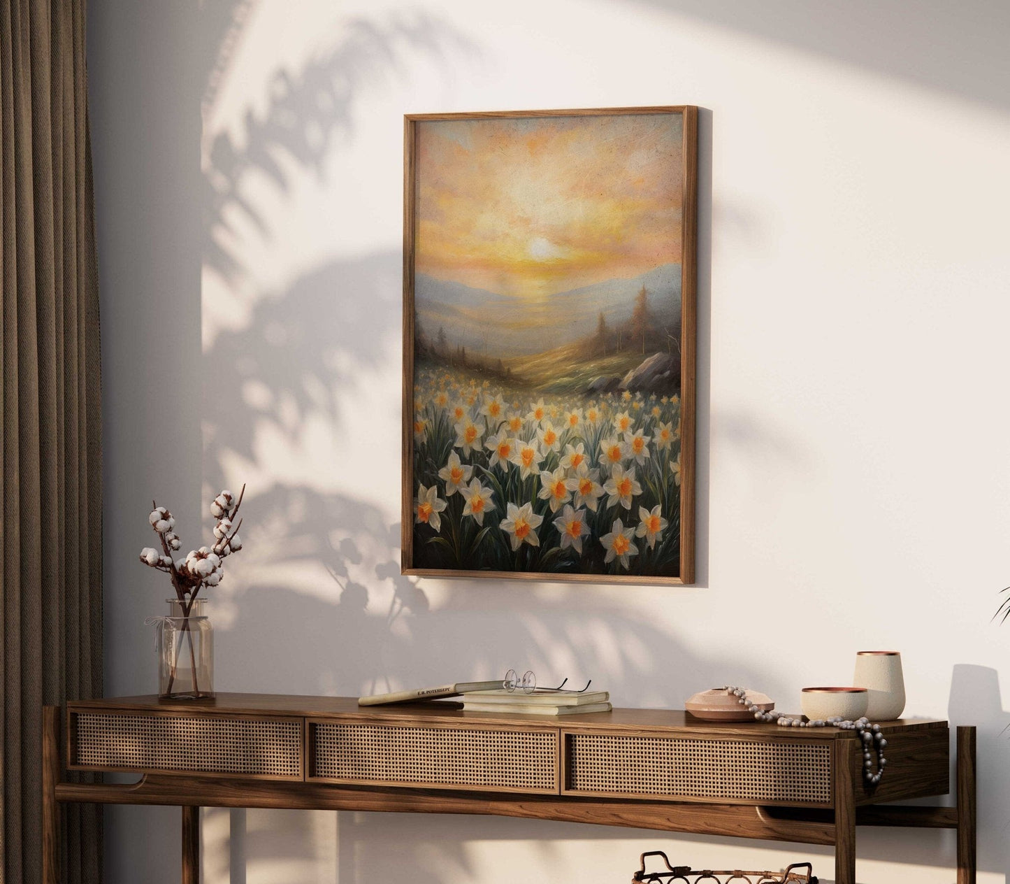 Daffodil Painting, Sunset Wall Decor, Floral Landscape Art - WildfieldPrints