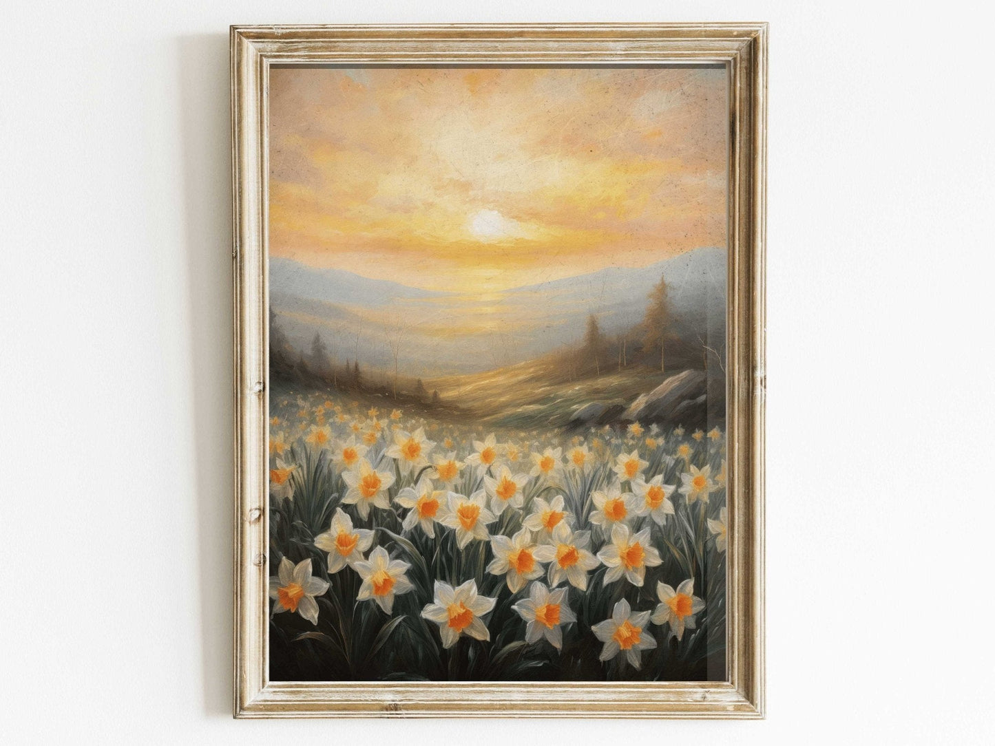 Daffodil Painting, Sunset Wall Decor, Floral Landscape Art - WildfieldPrints