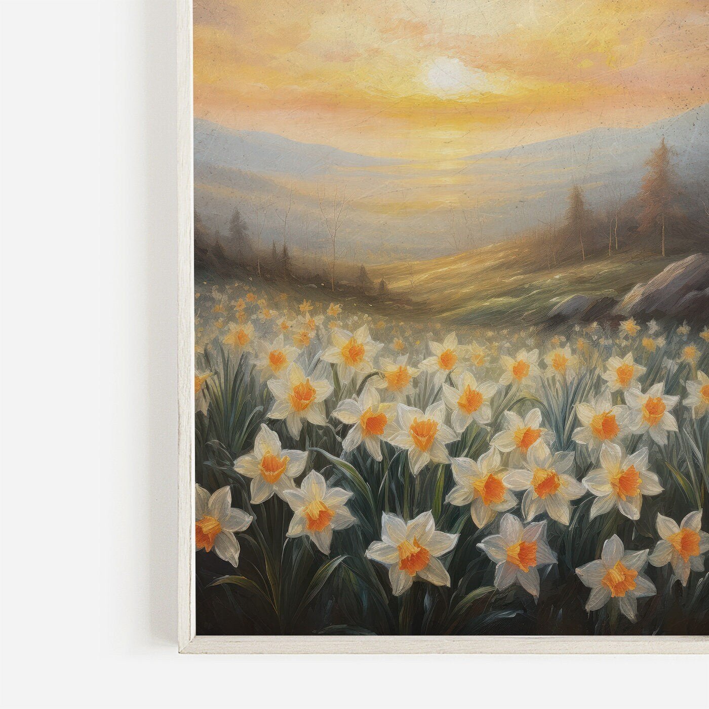 Daffodil Painting, Sunset Wall Decor, Floral Landscape Art - WildfieldPrints