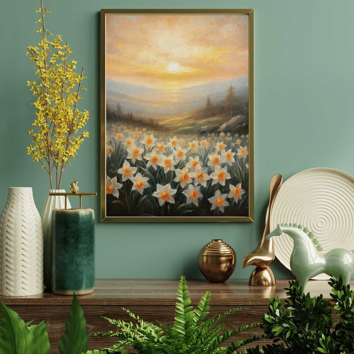 Daffodil Painting, Sunset Wall Decor, Floral Landscape Art - WildfieldPrints