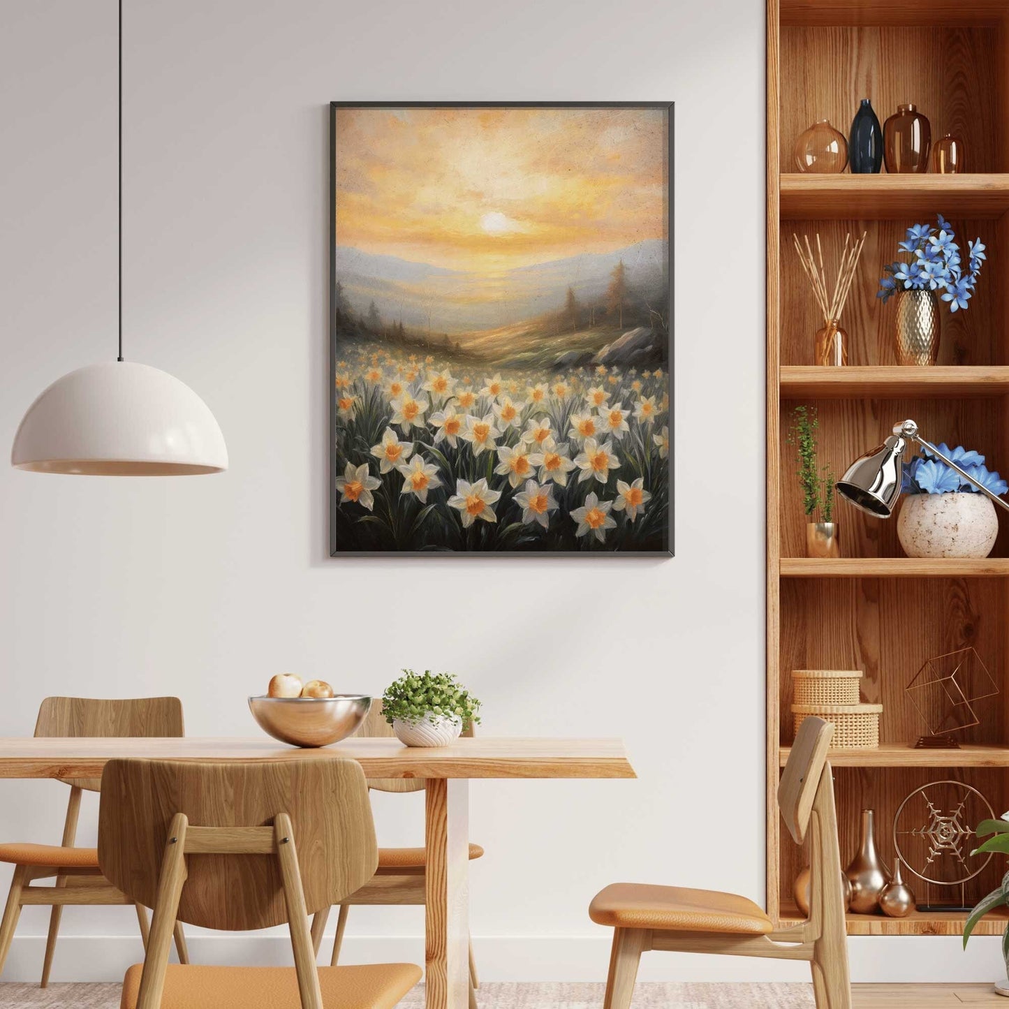 Daffodil Painting, Sunset Wall Decor, Floral Landscape Art - WildfieldPrints
