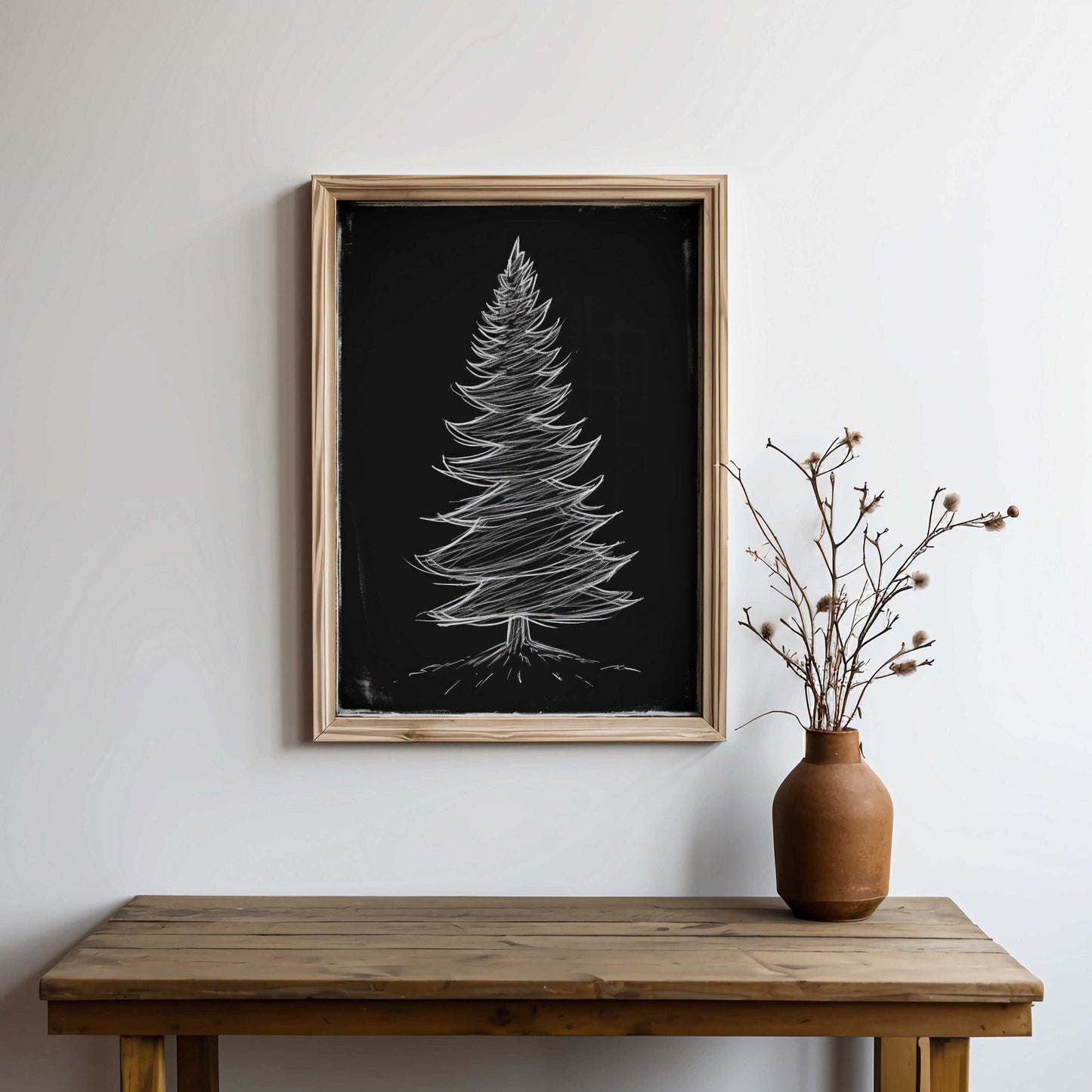 Dark Christmas Tree Print, Fir Tree Wall Decor, Vintage Minimalist Art - WildfieldPrints