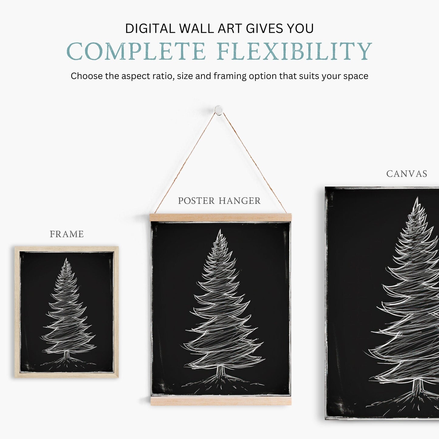 Dark Christmas Tree Print, Fir Tree Wall Decor, Vintage Minimalist Art - WildfieldPrints
