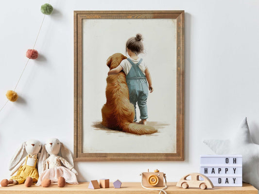 Dark Golden Retriever Art, Copper Golden Retriever Print, Girl & Golden Retriever, Dog Decor Nursery, Vintage Dog Painting,Printable Dog Art - My Store