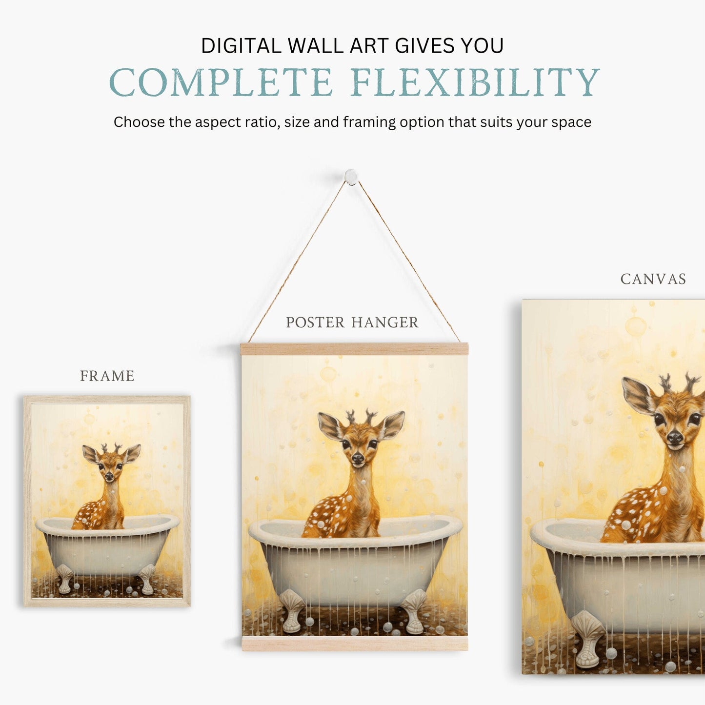 Deer Bath Time Art, Vintage Forest Animal Nursery Decor - WildfieldPrints