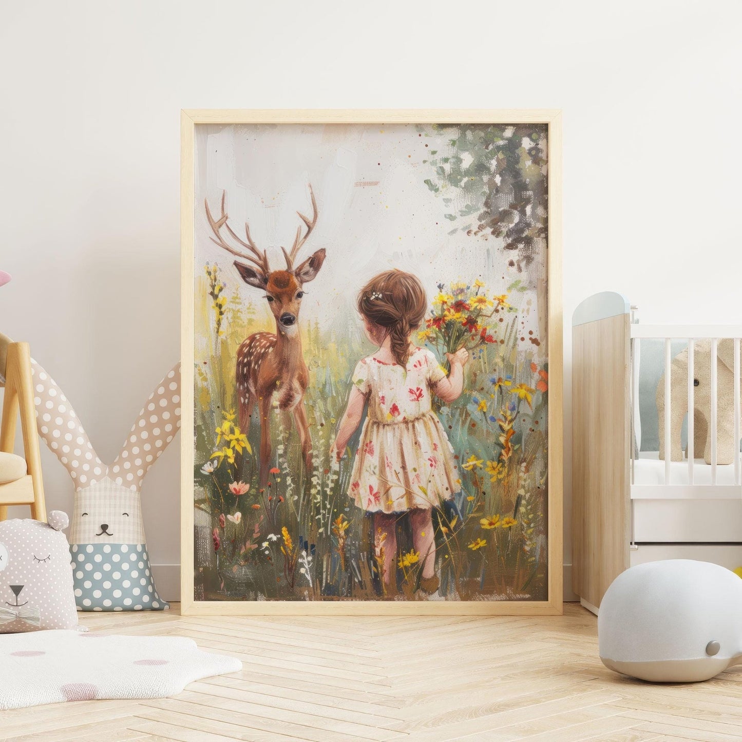 Deer Nursery Art, Wildflower Wall Decor, Forest Animals for Girls - WildfieldPrints
