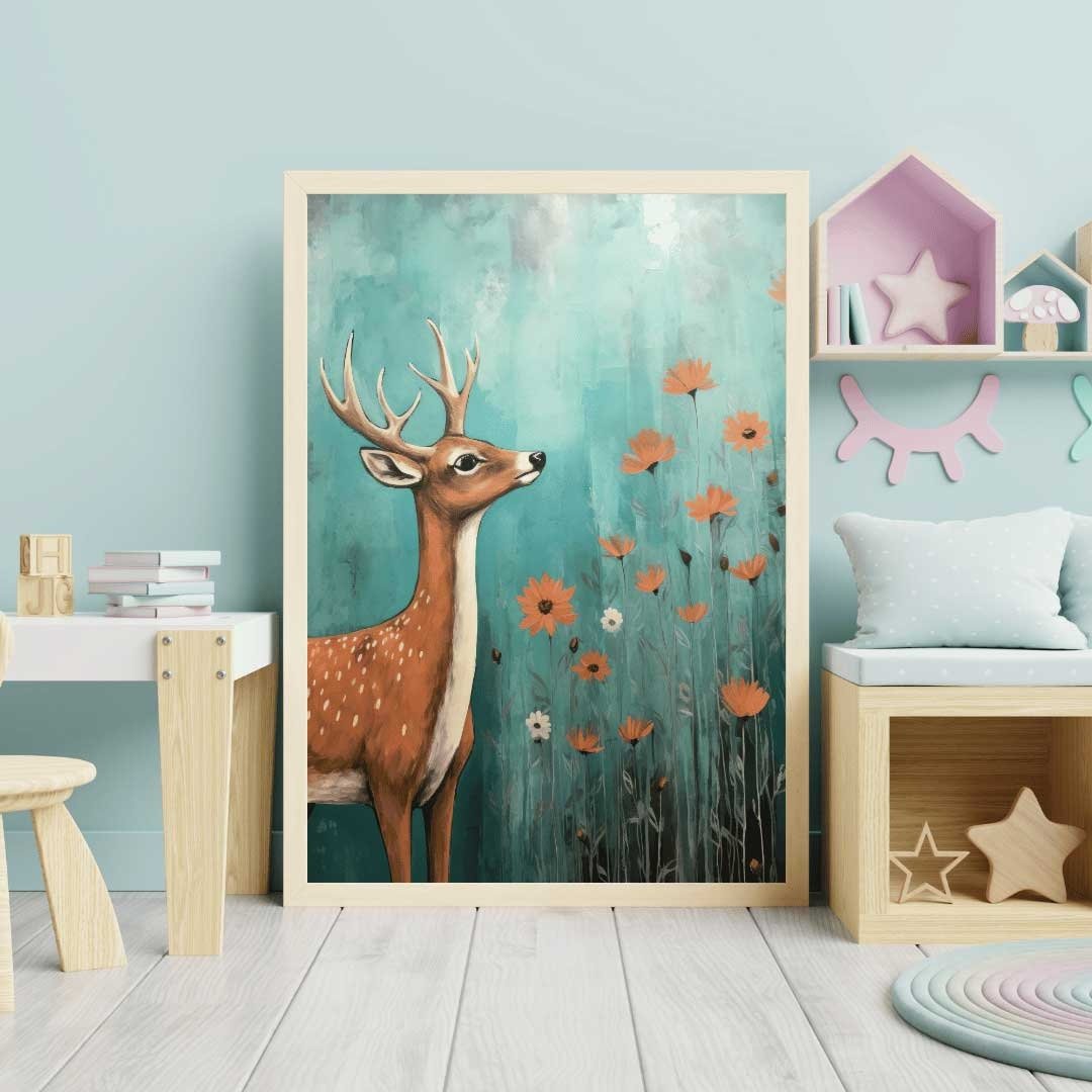 Deer Nursery Decor, Vintage Animal Painting, Cute Girls Room Art - WildfieldPrints