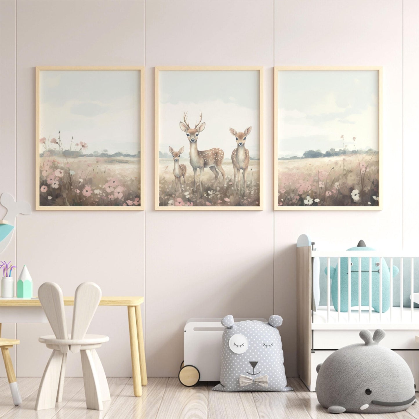 Deer Nursery Prints, Forest Animal Decor, Family of Three - WildfieldPrints