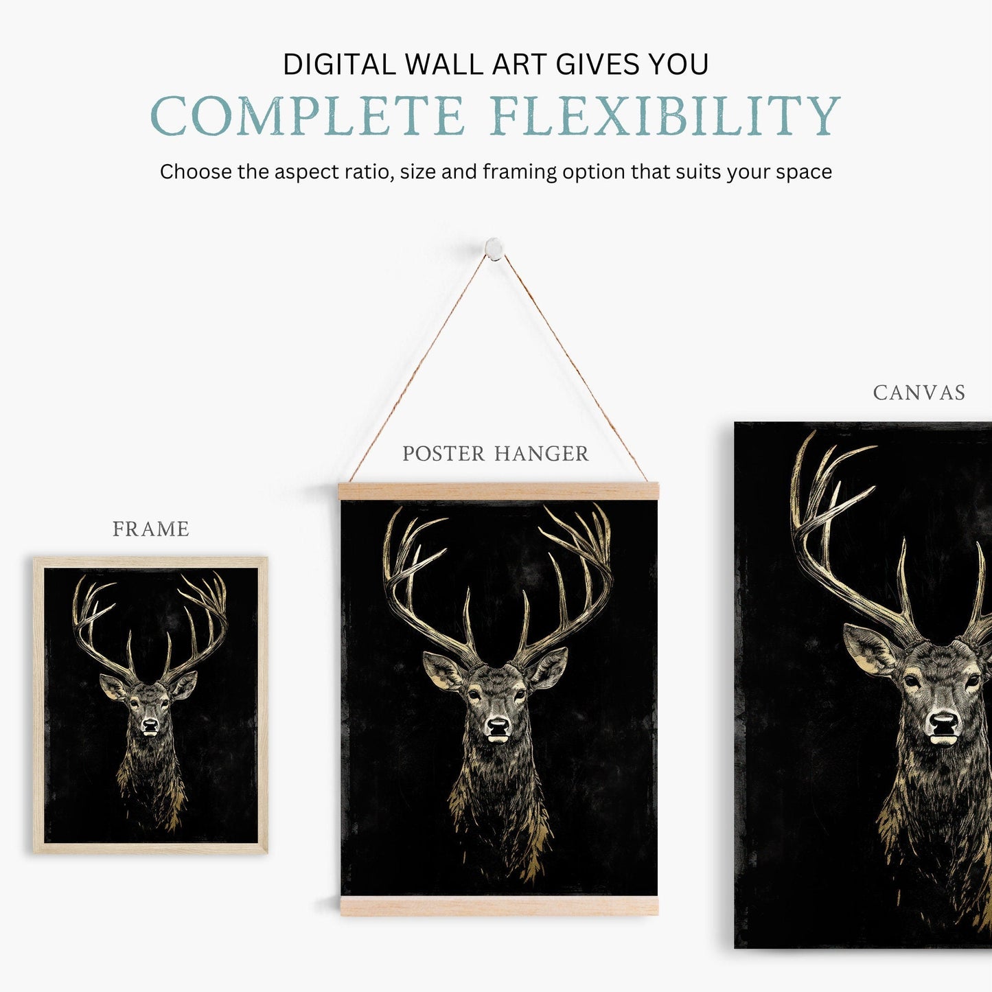 Deer Wall Art, Forest Animal Decor, Gold and Black Vintage Buck - WildfieldPrints