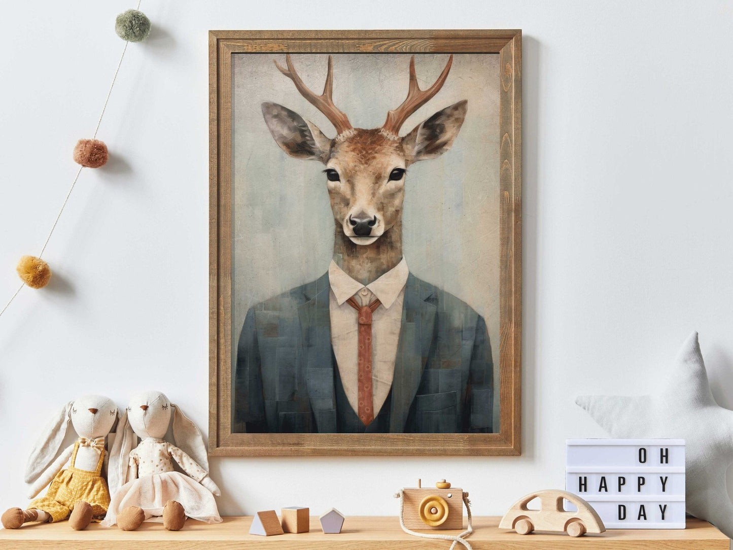Deer Wall Art, Whimsical Animal Portrait, Vintage Woodland Decor - WildfieldPrints