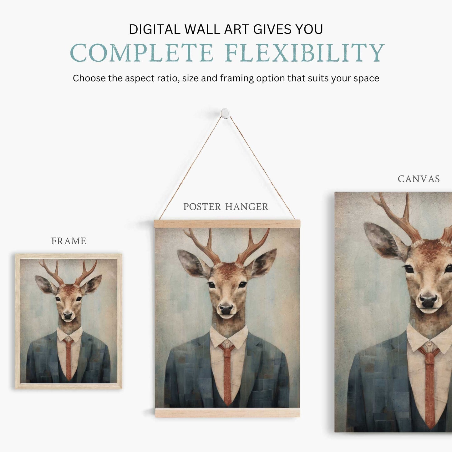Deer Wall Art, Whimsical Animal Portrait, Vintage Woodland Decor - WildfieldPrints