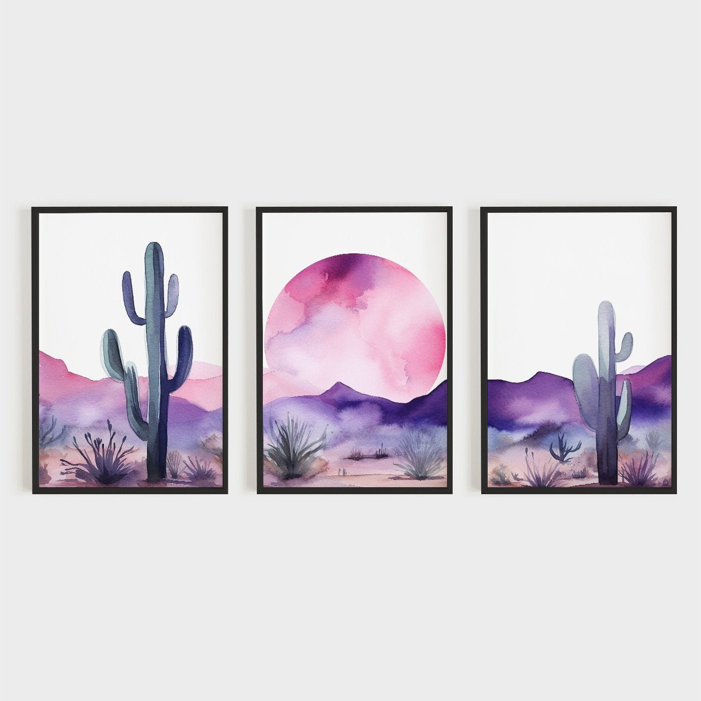 Desert Landscape Watercolor Wall Art, Boho Style Nature Print, Purple & Pink - WildfieldPrints