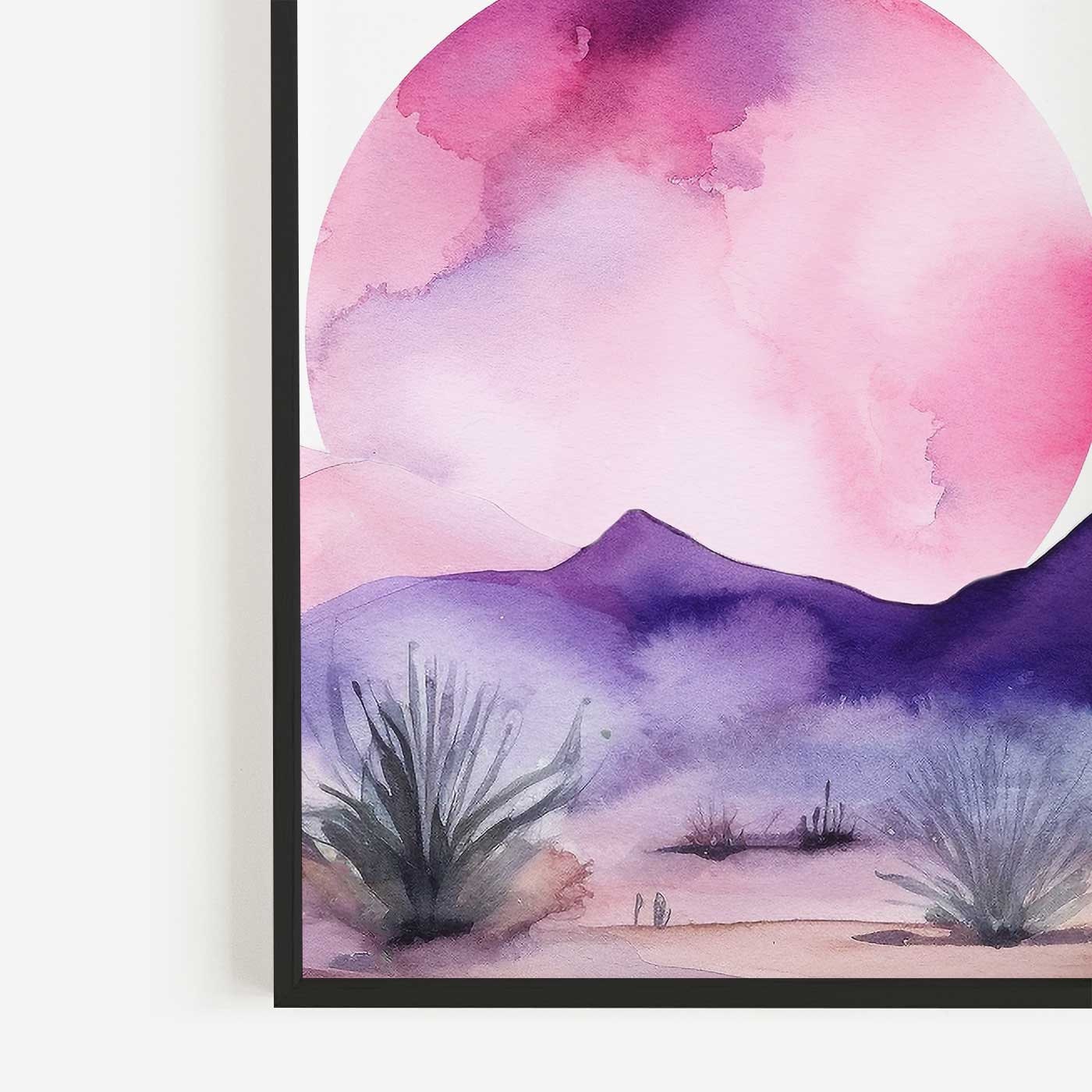 Desert Landscape Watercolor Wall Art, Boho Style Nature Print, Purple & Pink - WildfieldPrints