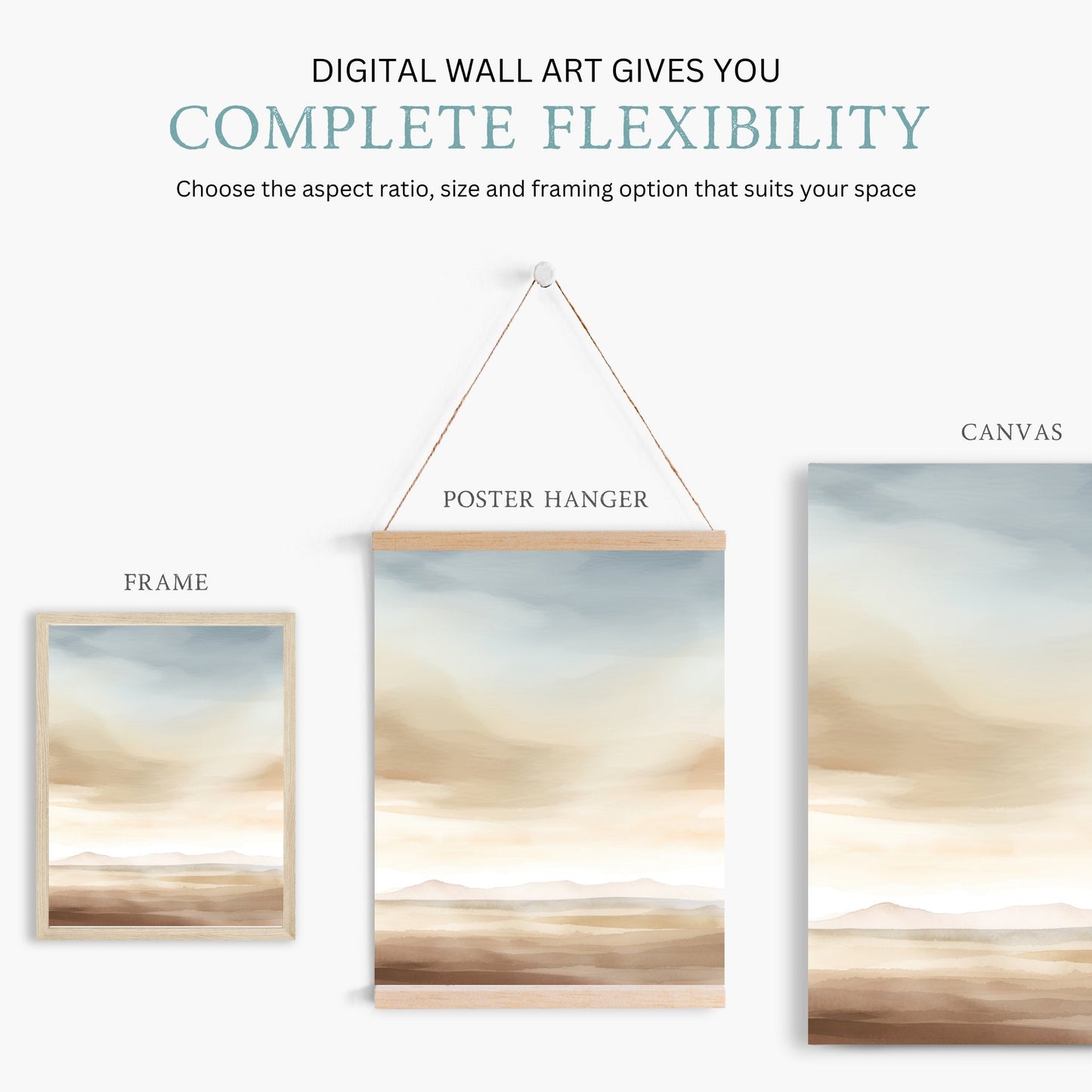Desert Wall Art, Semi - Abstract Watercolor Print, Blue - Beige - Brown Tones - WildfieldPrints