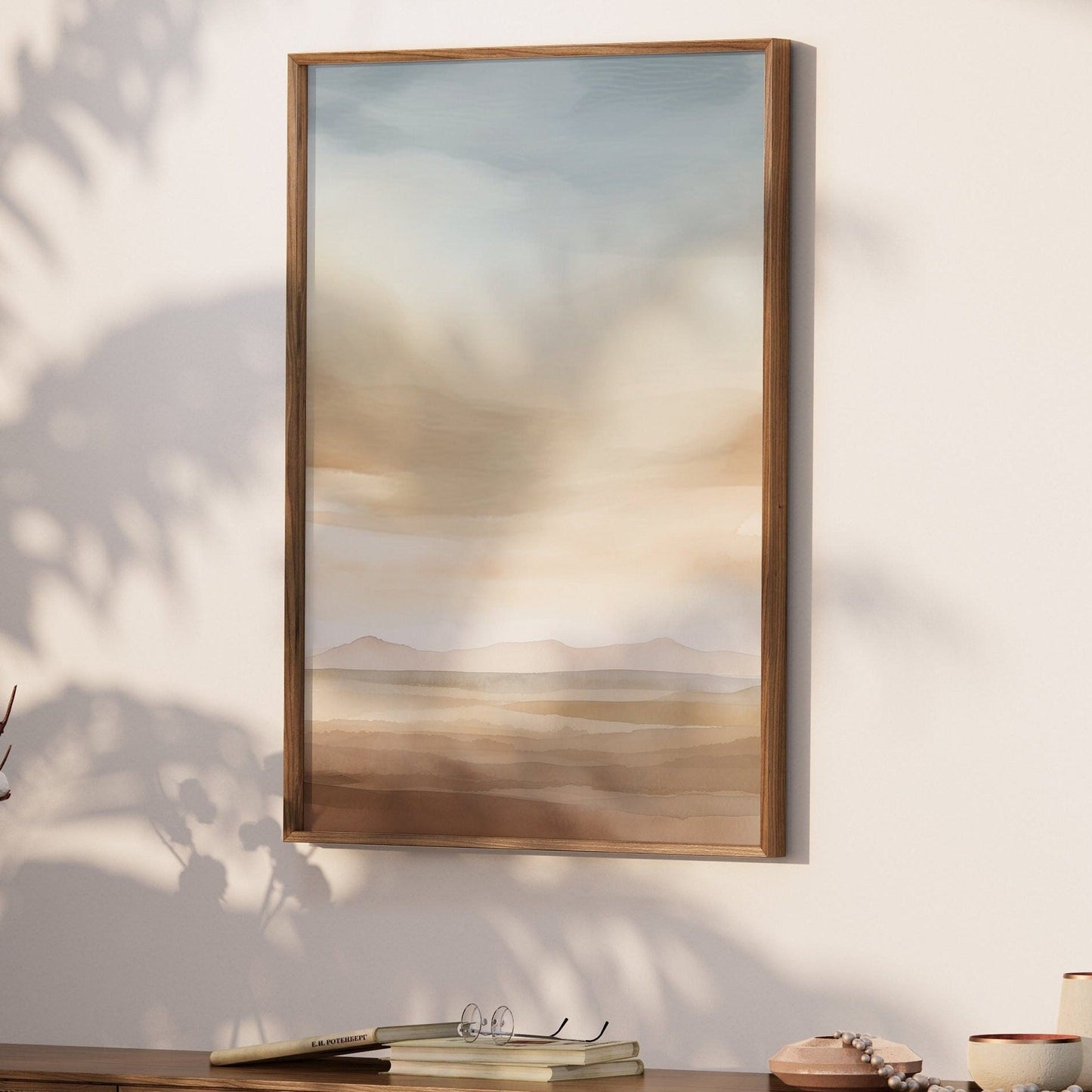 Desert Wall Art, Semi - Abstract Watercolor Print, Blue - Beige - Brown Tones - WildfieldPrints