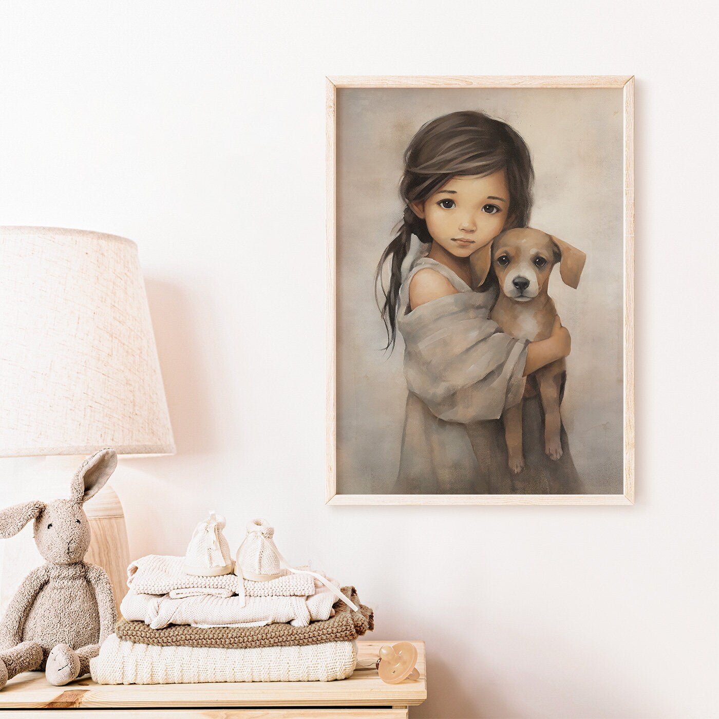 Dog and Girl Wall Art, Nursery Decor for Kids, Vintage Dog Painting - WildfieldPrints