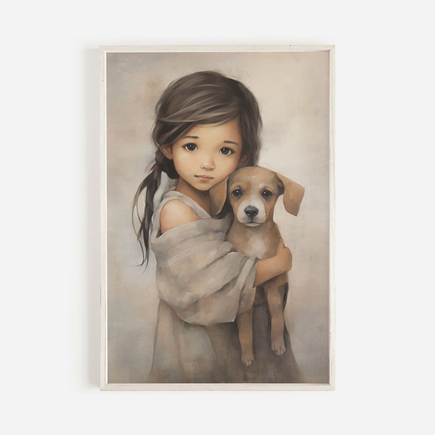 Dog and Girl Wall Art, Nursery Decor for Kids, Vintage Dog Painting - WildfieldPrints