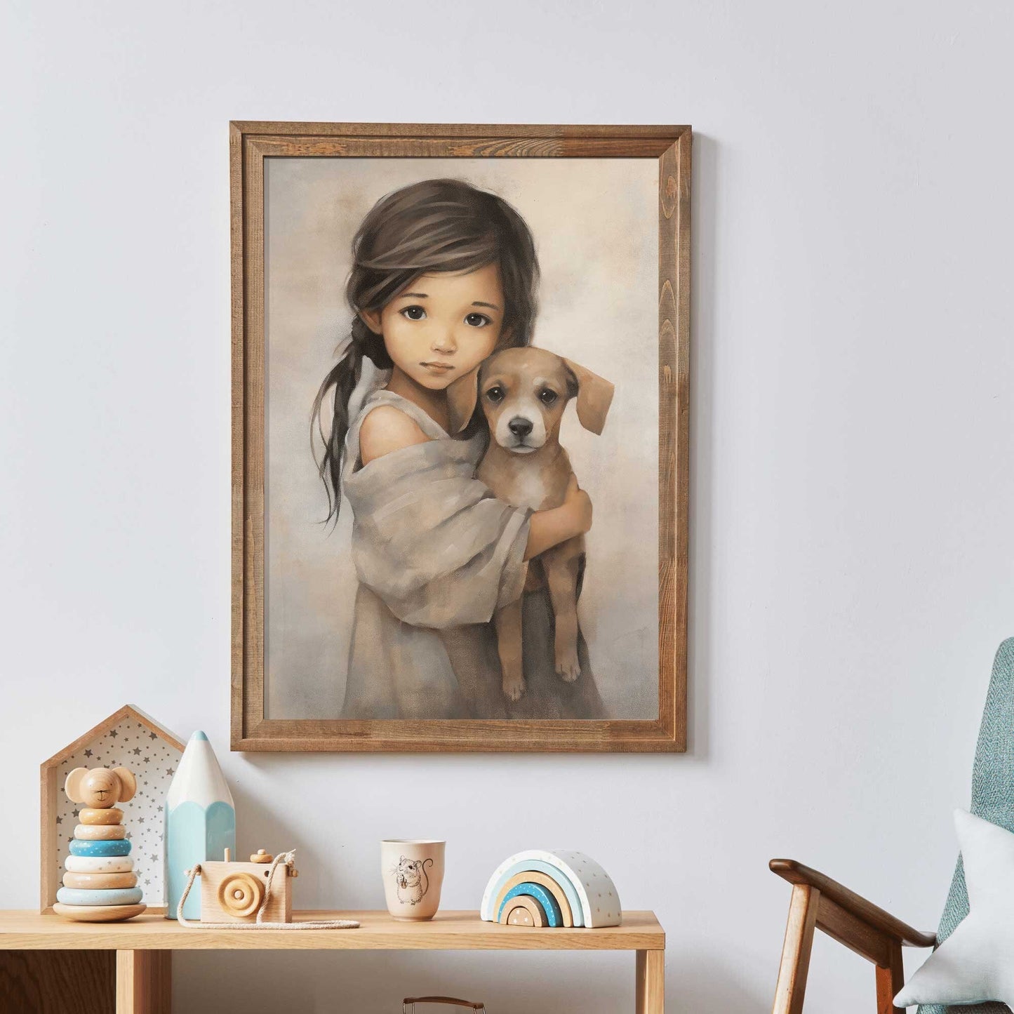 Dog and Girl Wall Art, Nursery Decor for Kids, Vintage Dog Painting - WildfieldPrints