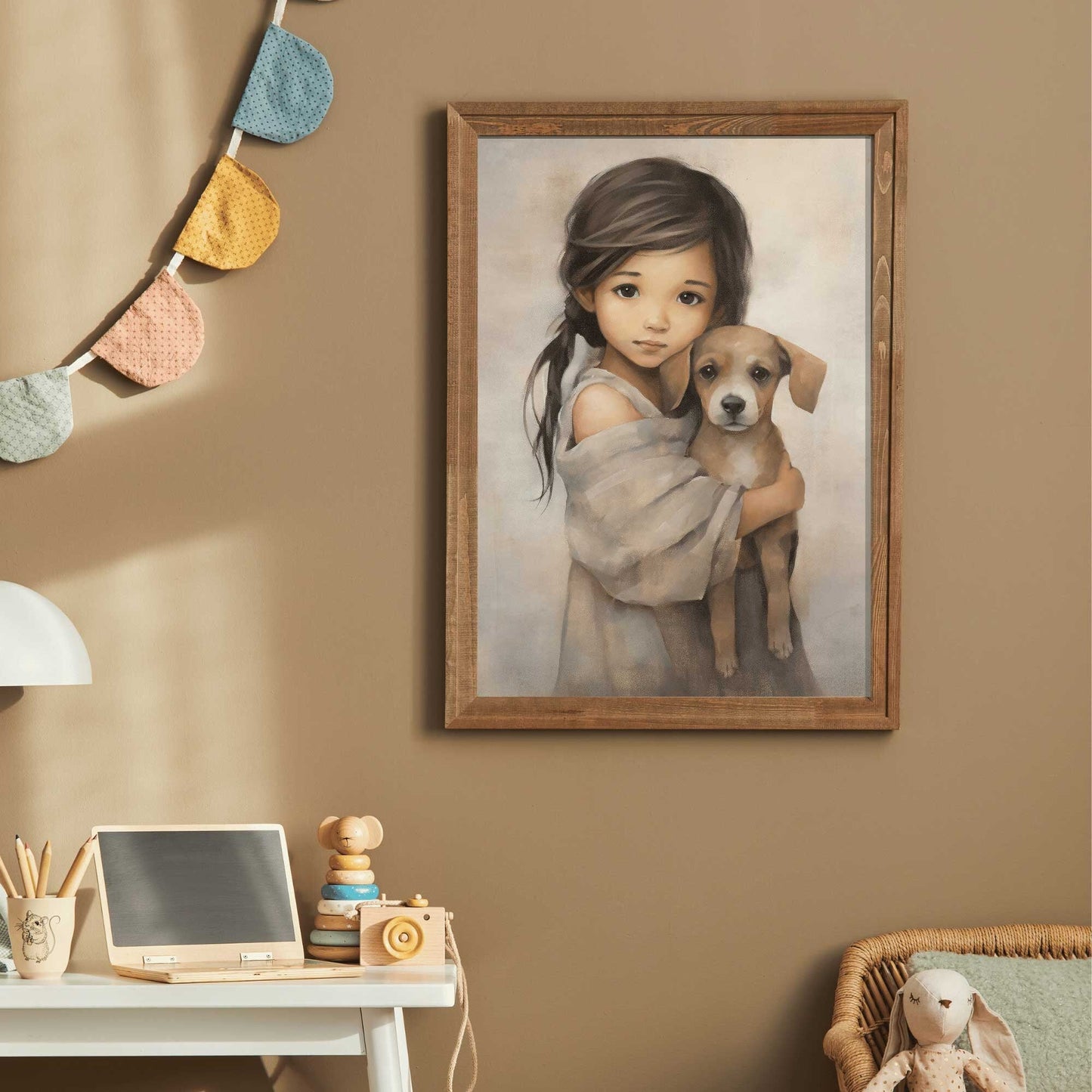 Dog and Girl Wall Art, Nursery Decor for Kids, Vintage Dog Painting - WildfieldPrints