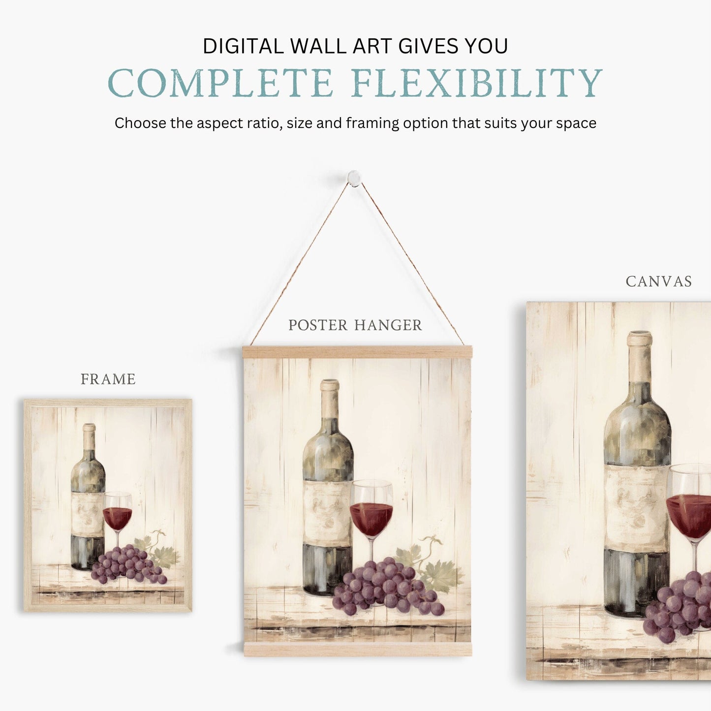 Elegant Vintage Wine & Grape Wall Art, Rustic Home Decor - WildfieldPrints